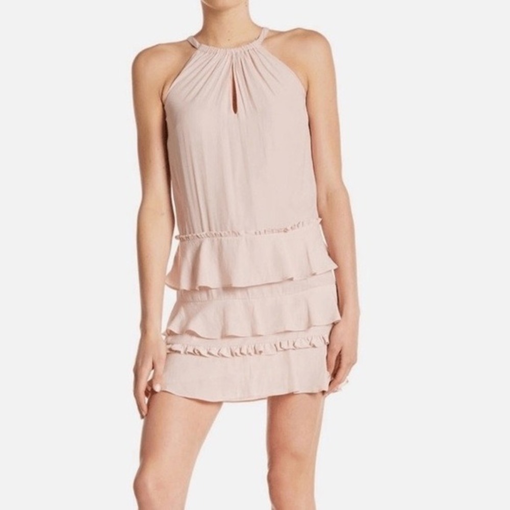 Ramy Brook Leo Blush Pink Halter Keyhole Ruffle Tiered Mini Dress Size M